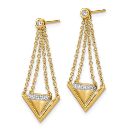 Solid 14k Yellow Gold Satin/Polished Simulated CZ Triangle Chain Dangle Post Earrings