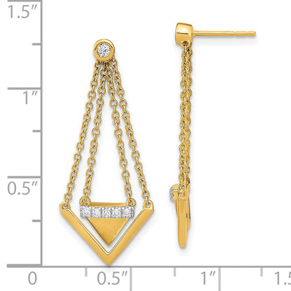 Solid 14k Yellow Gold Satin/Polished Simulated CZ Triangle Chain Dangle Post Earrings