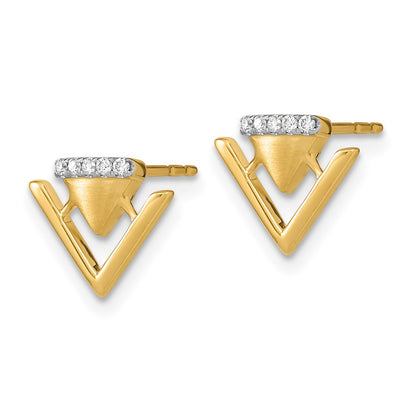 Solid 14k Yellow Gold Satin and Polished Simulated CZ Double Triangle Post Earrings