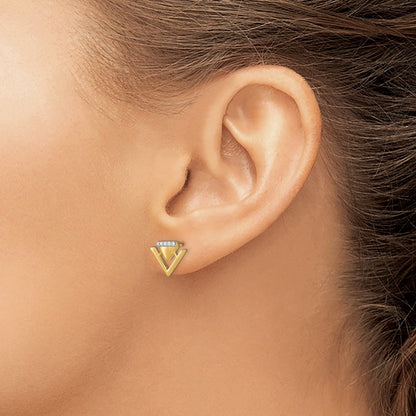 Solid 14k Yellow Gold Satin and Polished Simulated CZ Double Triangle Post Earrings