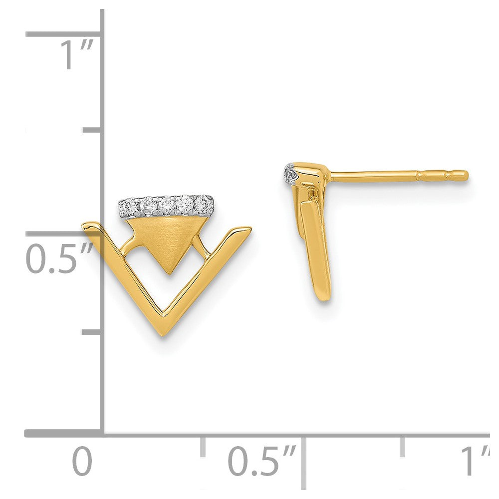 Solid 14k Yellow Gold Satin and Polished Simulated CZ Double Triangle Post Earrings