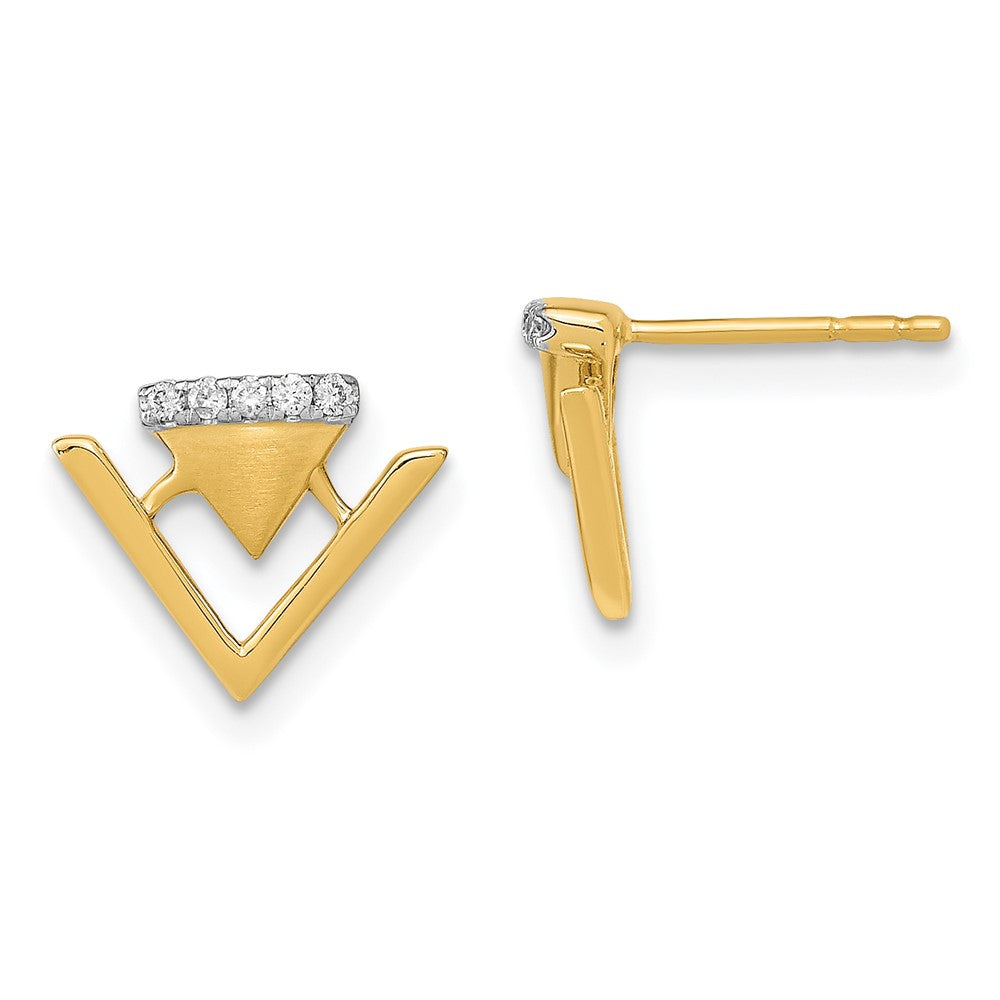 Solid 14k Yellow Gold Satin and Polished Simulated CZ Double Triangle Post Earrings