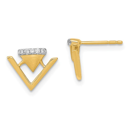 Solid 14k Yellow Gold Satin and Polished Simulated CZ Double Triangle Post Earrings