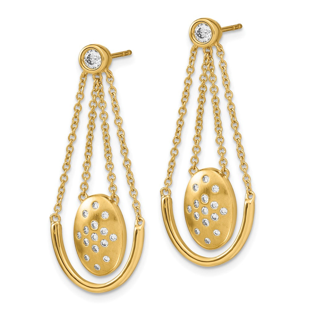Solid 14k Yellow Gold Satin/Polished Simulated CZ Oval w/Chain Dangle Post Earrings