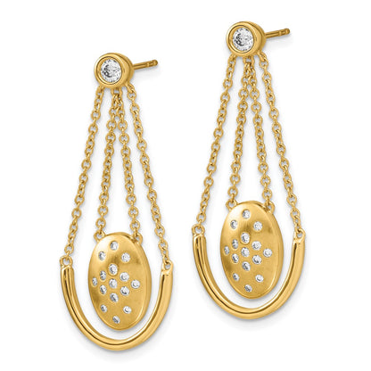 Solid 14k Yellow Gold Satin/Polished Simulated CZ Oval w/Chain Dangle Post Earrings