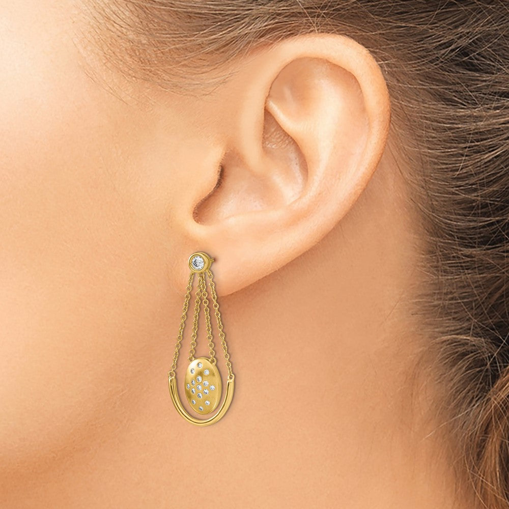 Solid 14k Yellow Gold Satin/Polished Simulated CZ Oval w/Chain Dangle Post Earrings