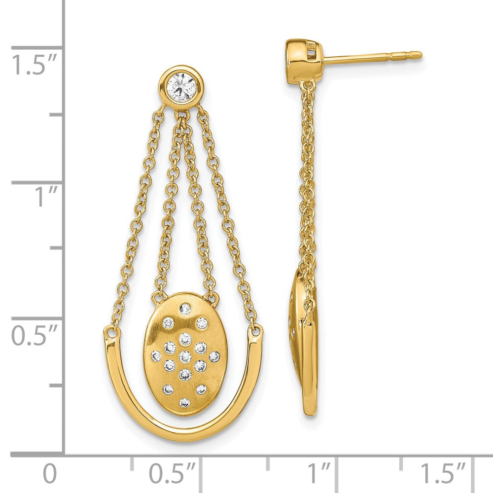 Solid 14k Yellow Gold Satin/Polished Simulated CZ Oval w/Chain Dangle Post Earrings