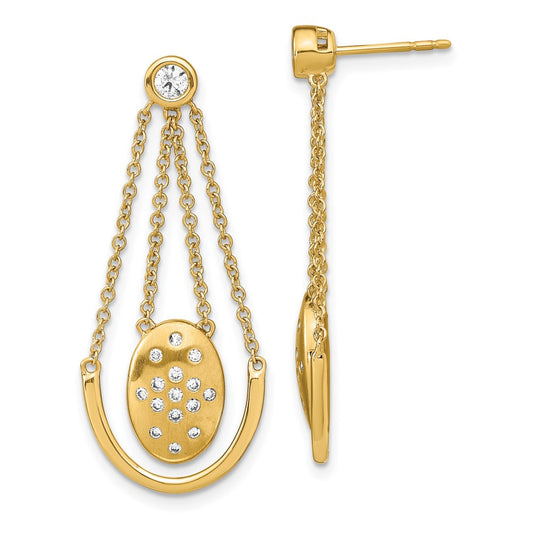 Solid 14k Yellow Gold Satin/Polished Simulated CZ Oval w/Chain Dangle Post Earrings