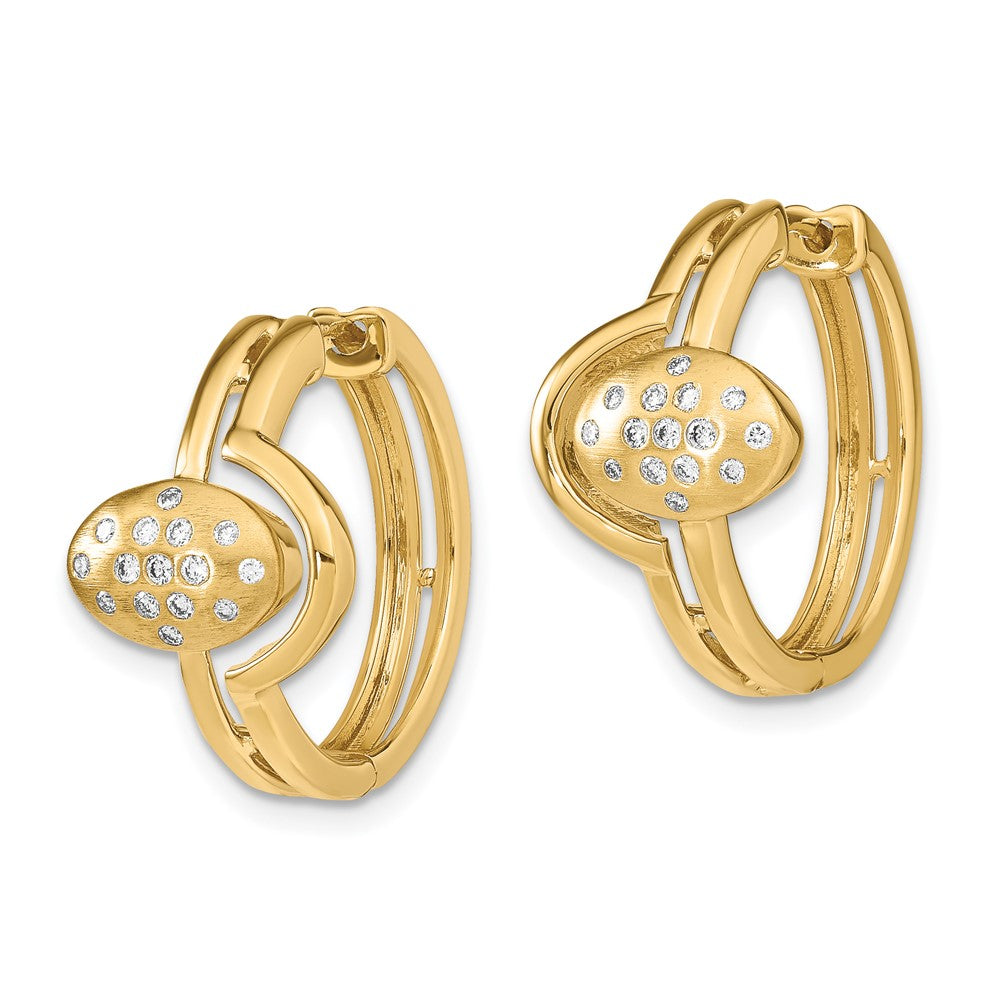 Solid 14k Yellow Gold Satin/Polished Simulated CZ Hinged Hoop Earrings