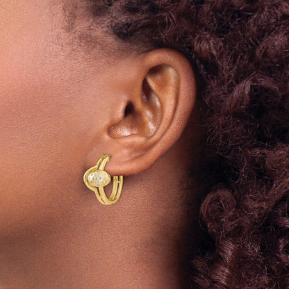 Solid 14k Yellow Gold Satin/Polished Simulated CZ Hinged Hoop Earrings