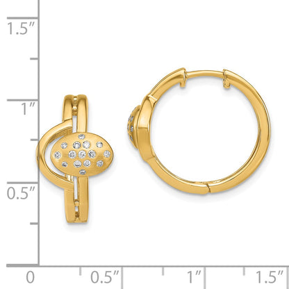 Solid 14k Yellow Gold Satin/Polished Simulated CZ Hinged Hoop Earrings