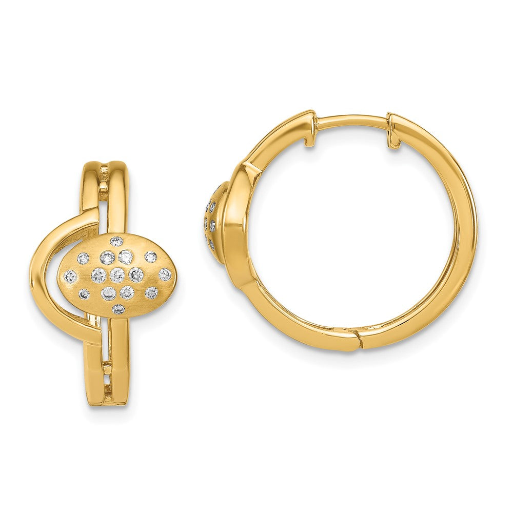 Solid 14k Yellow Gold Satin/Polished Simulated CZ Hinged Hoop Earrings