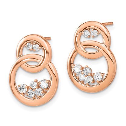 Solid 14k Rose Gold Polished Simulated CZ Double Circle Post Earrings