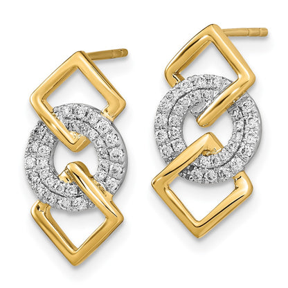 Solid 14k Two-tone Polished Simulated CZ Circle and 2 Square Post Earrings