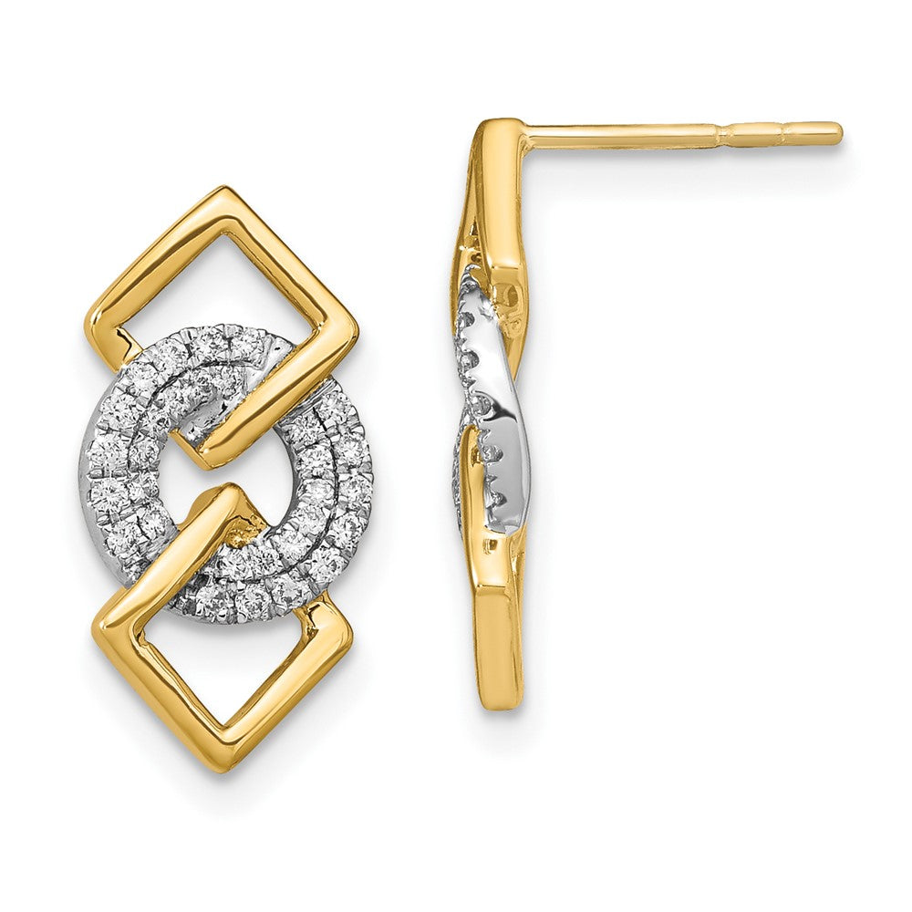14k Yellow Gold Two-tone Polished Real Diamond Circle and 2 Square Post Earrings EM6879-025-WYA