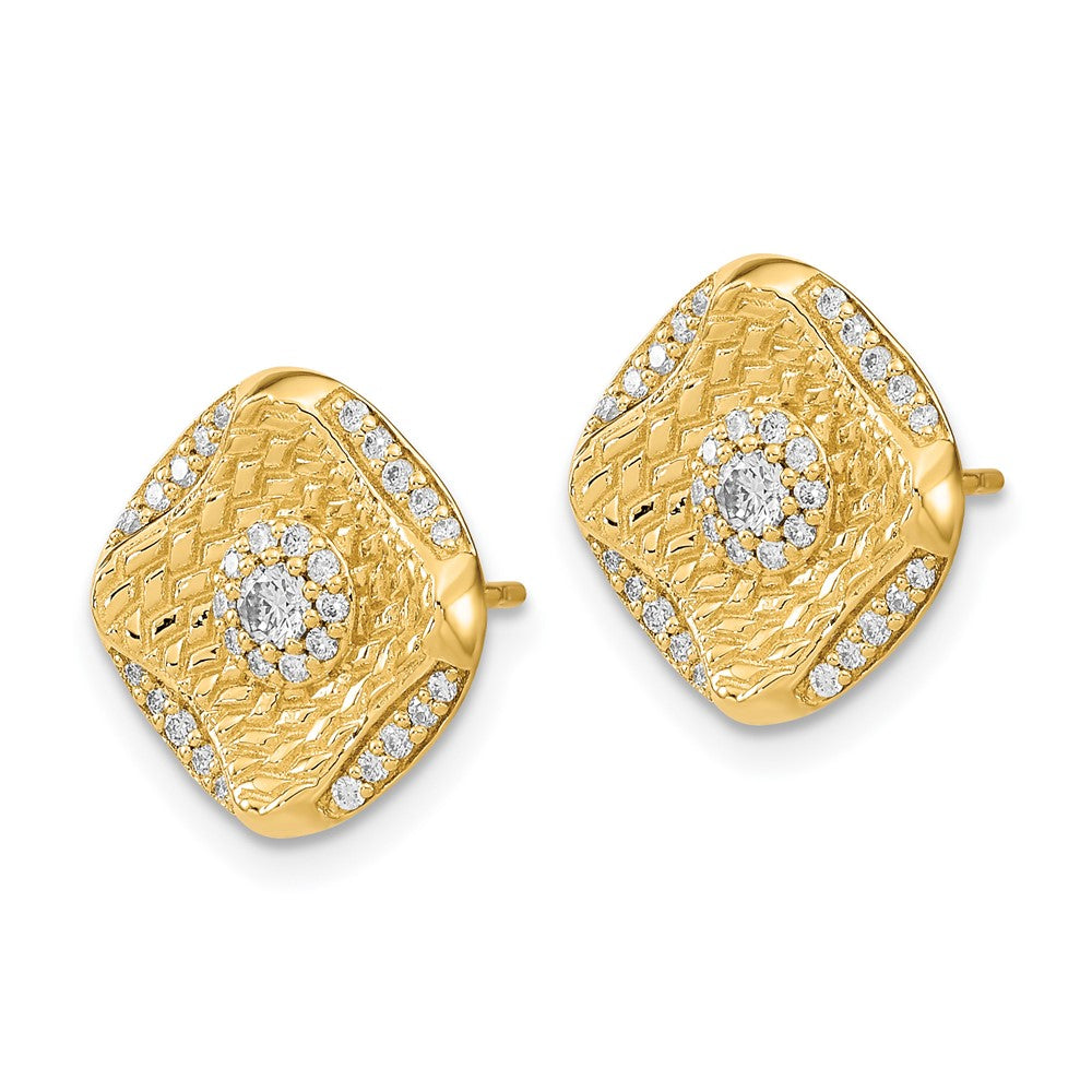 Solid 14k Yellow Gold Polished Simulated CZ Square Weave Post Earrings
