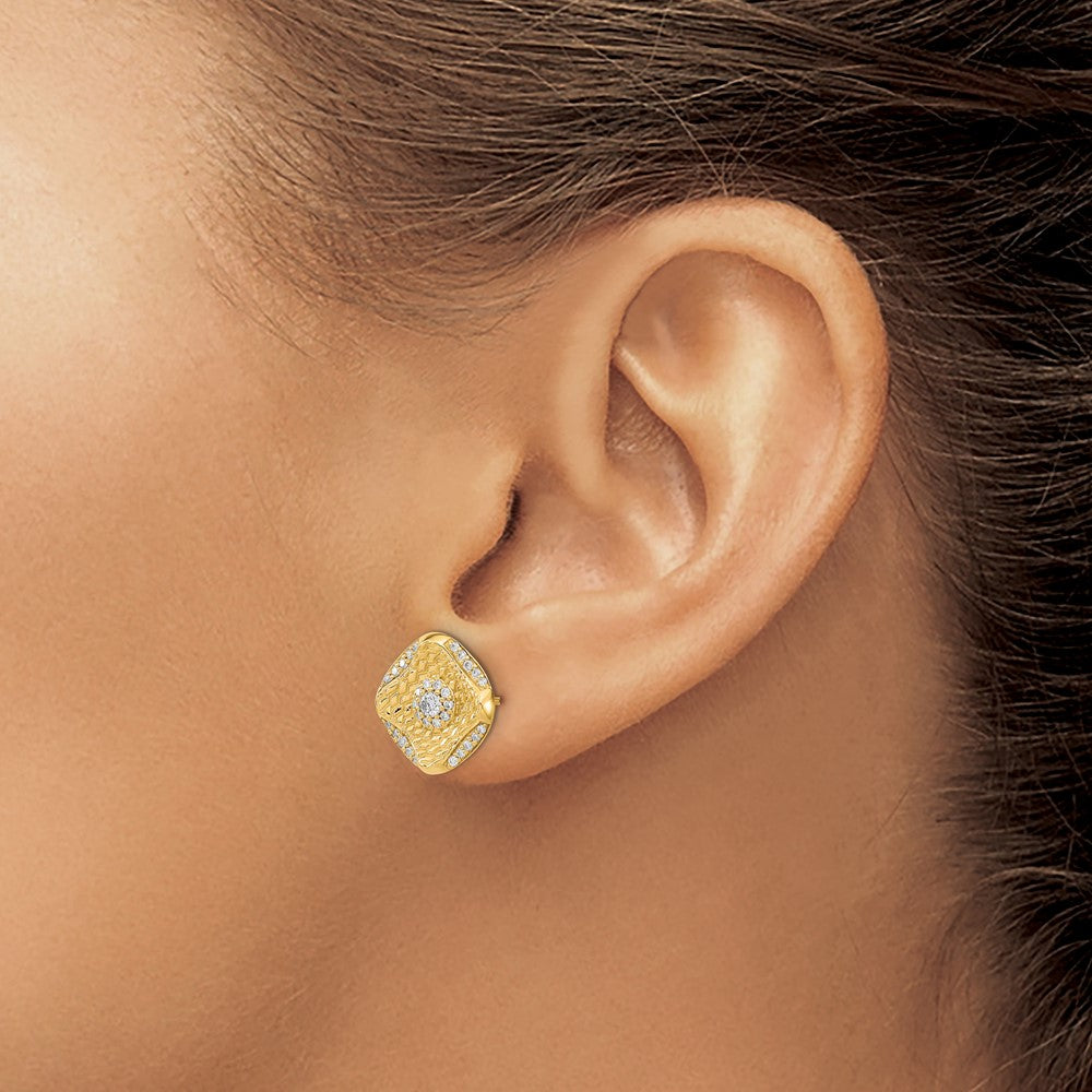 Solid 14k Yellow Gold Polished Simulated CZ Square Weave Post Earrings