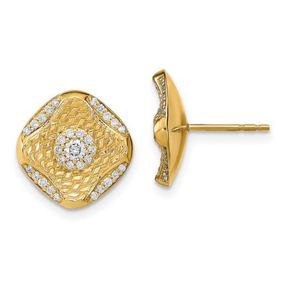 Solid 14k Yellow Gold Polished Simulated CZ Square Weave Post Earrings