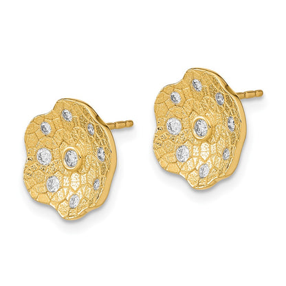 Solid 14k Yellow Gold Polished and Textured Simulated CZ Circle Post Earrings
