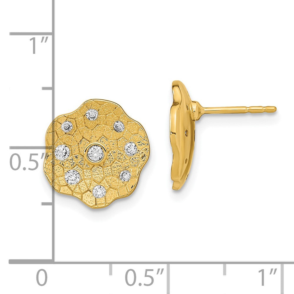 Solid 14k Yellow Gold Polished and Textured Simulated CZ Circle Post Earrings