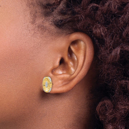 Solid 14k Yellow Gold Polished and Textured Simulated CZ Oval Post Earrings