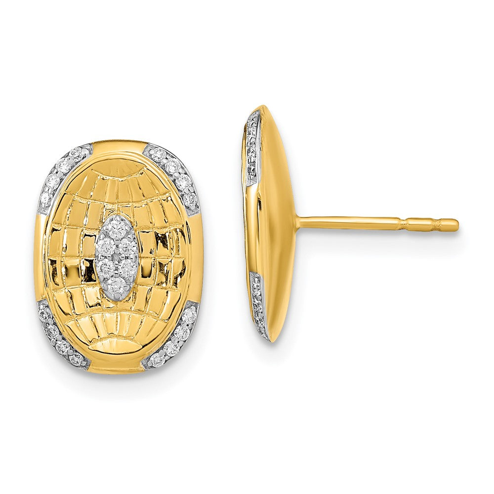 Solid 14k Yellow Gold Polished and Textured Simulated CZ Oval Post Earrings