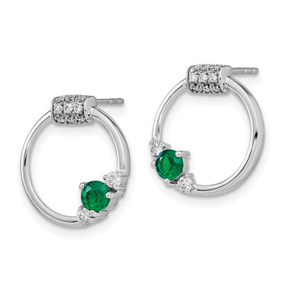 Solid 14k White Gold Simulated CZ and Emerald Circle Post Earrings