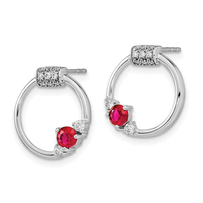 Solid 14k White Gold Simulated CZ and Ruby Circle Post Earrings