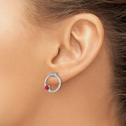Solid 14k White Gold Simulated CZ and Ruby Circle Post Earrings