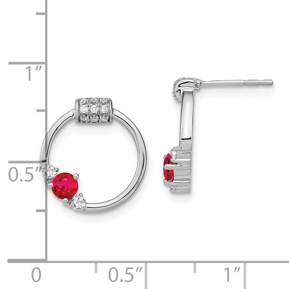Solid 14k White Gold Simulated CZ and Ruby Circle Post Earrings