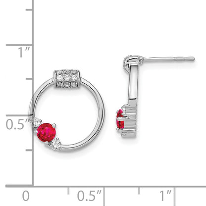 Solid 14k White Gold Simulated CZ and Ruby Circle Post Earrings