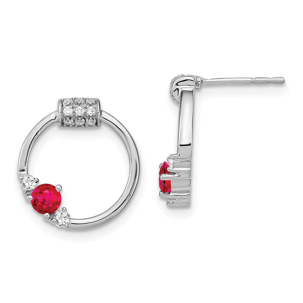 Solid 14k White Gold Simulated CZ and Ruby Circle Post Earrings