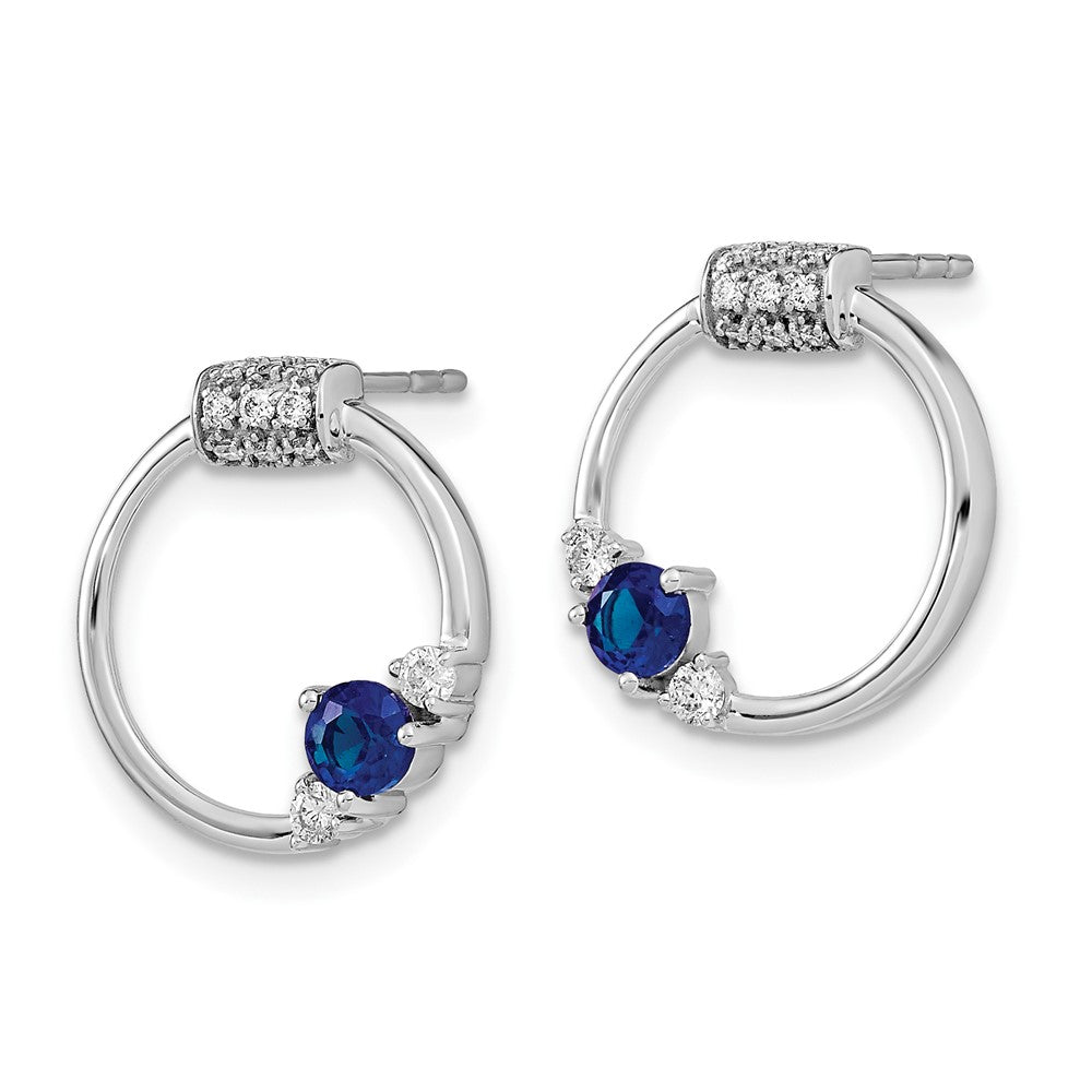 Solid 14k White Gold Polished Simulated CZ and Blue Sapphire Circle Post Earrings