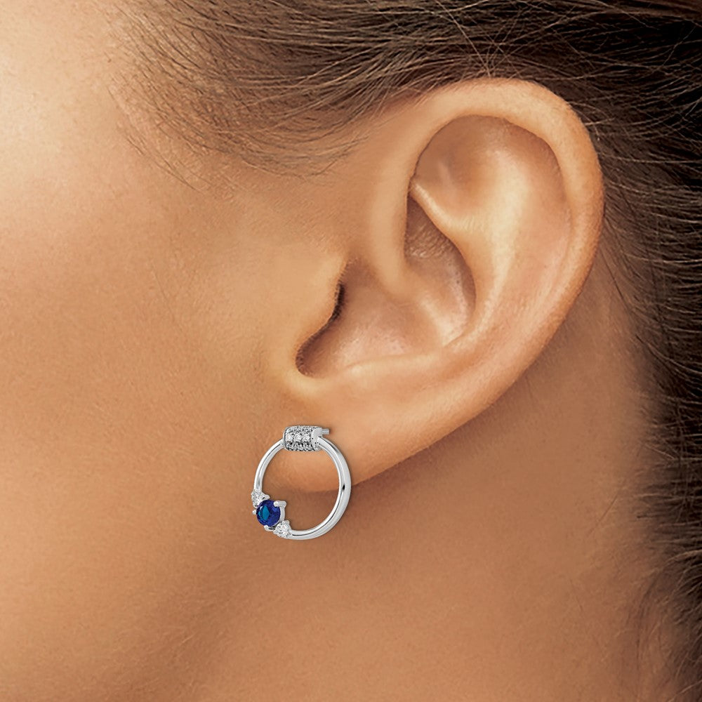 Solid 14k White Gold Polished Simulated CZ and Blue Sapphire Circle Post Earrings
