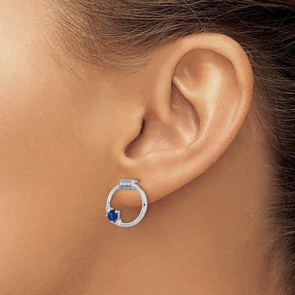 Solid 14k White Gold Polished Simulated CZ and Blue Sapphire Circle Post Earrings