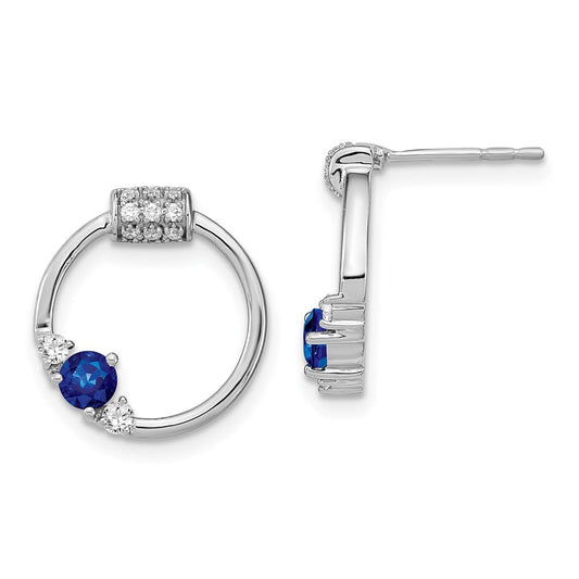 14k White Polished Real Diamond and Blue Sapphire Circle Post Earrings EM6886-SA-019-WA