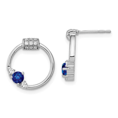 Solid 14k White Gold Polished Simulated CZ and Blue Sapphire Circle Post Earrings
