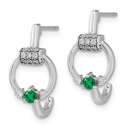 Solid 14k White Gold Simulated CZ and Emerald Circle J-hoop Earrings