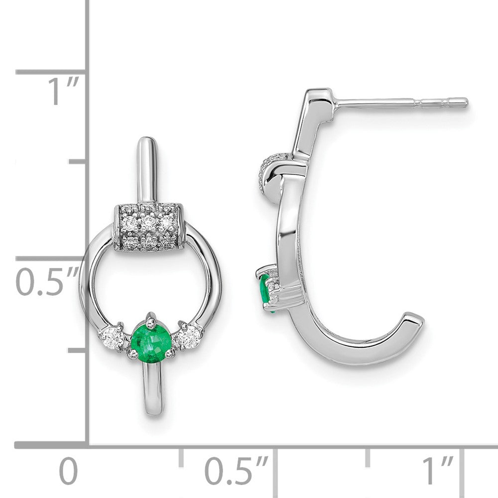 Solid 14k White Gold Simulated CZ and Emerald Circle J-hoop Earrings