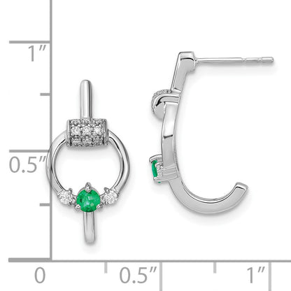 Solid 14k White Gold Simulated CZ and Emerald Circle J-hoop Earrings