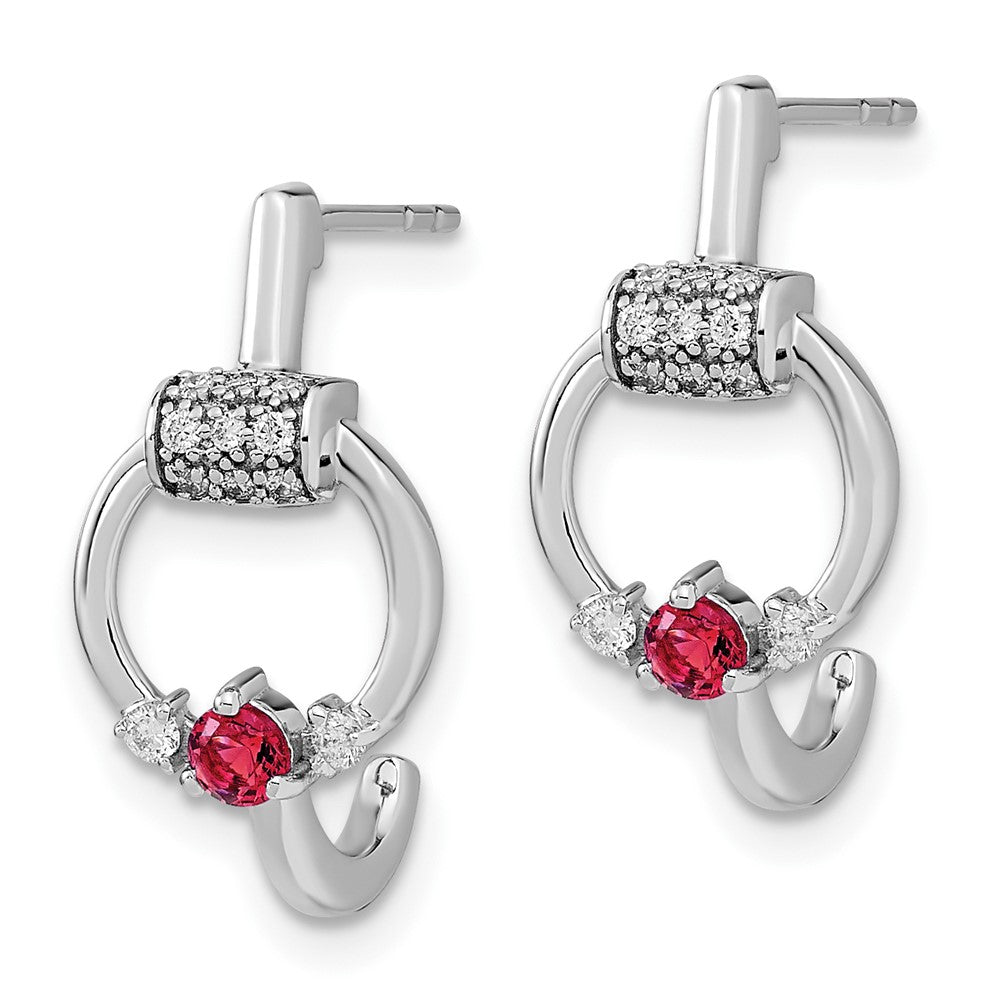 Solid 14k White Gold Simulated CZ and Ruby Circle J-hoop Earrings