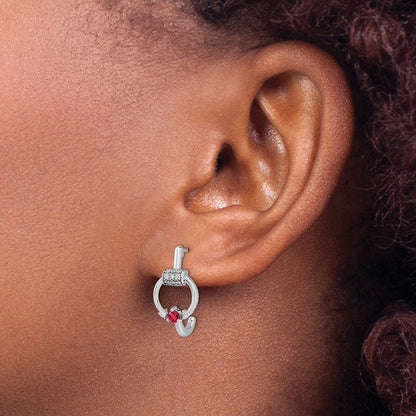 Solid 14k White Gold Simulated CZ and Ruby Circle J-hoop Earrings