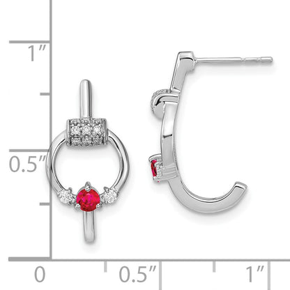 Solid 14k White Gold Simulated CZ and Ruby Circle J-hoop Earrings