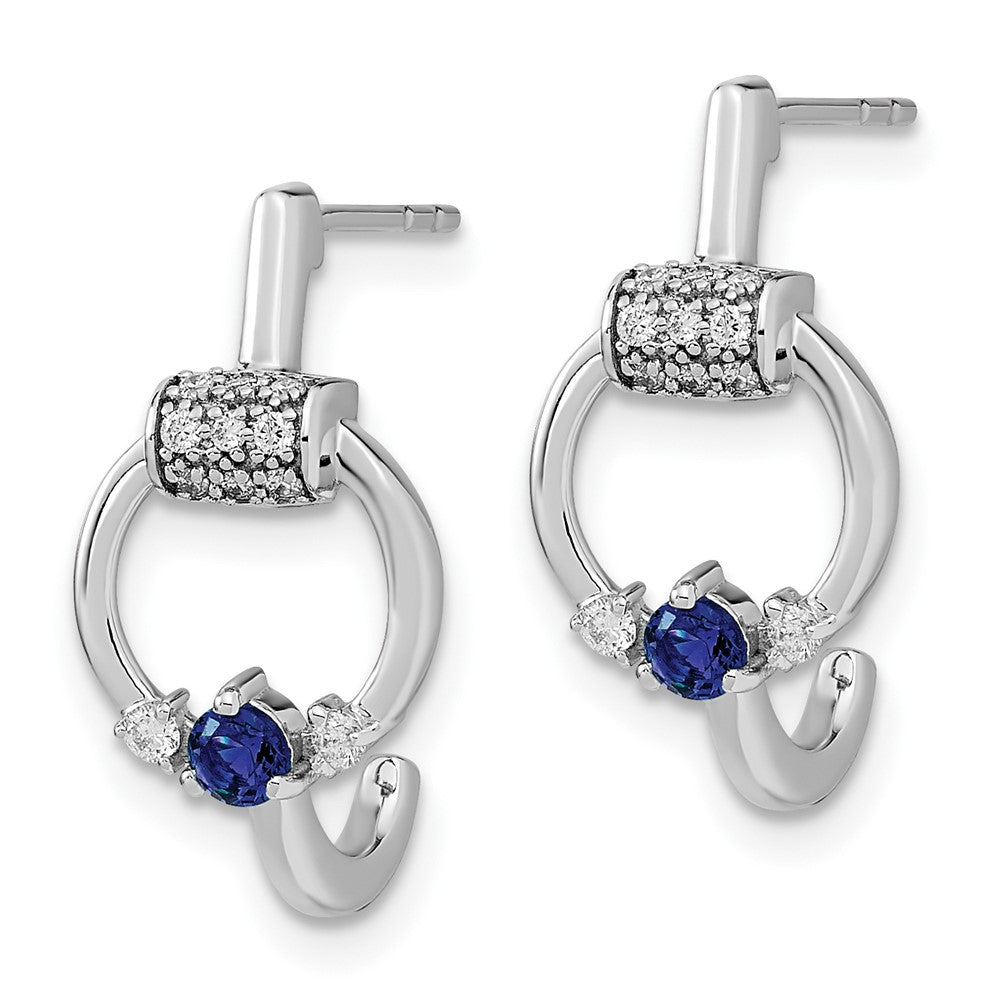 Solid 14k White Gold Polished Simulated CZ and Blue Sapphire Circle J-hoop Earrings
