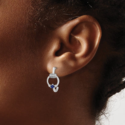 Solid 14k White Gold Polished Simulated CZ and Blue Sapphire Circle J-hoop Earrings