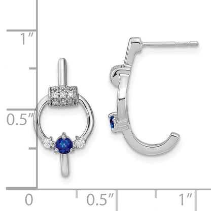 Solid 14k White Gold Polished Simulated CZ and Blue Sapphire Circle J-hoop Earrings