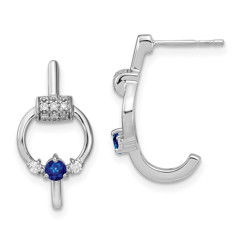 14k White Polished Real Diamond and Blue Sapphire Circle J-hoop Earrings EM6887-SA-015-WA