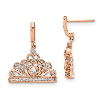 Solid 14k Rose Gold Polished Simulated CZ Tiara Dangle Post Earrings
