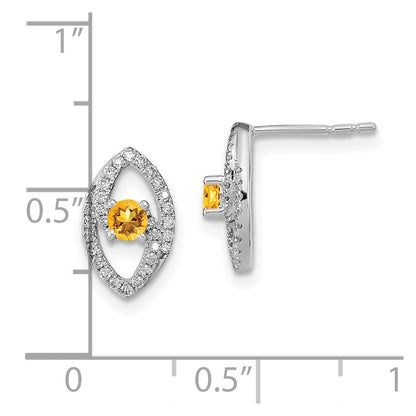 Solid 14k White Gold Polished Simulated CZ and Citrine Post Earrings