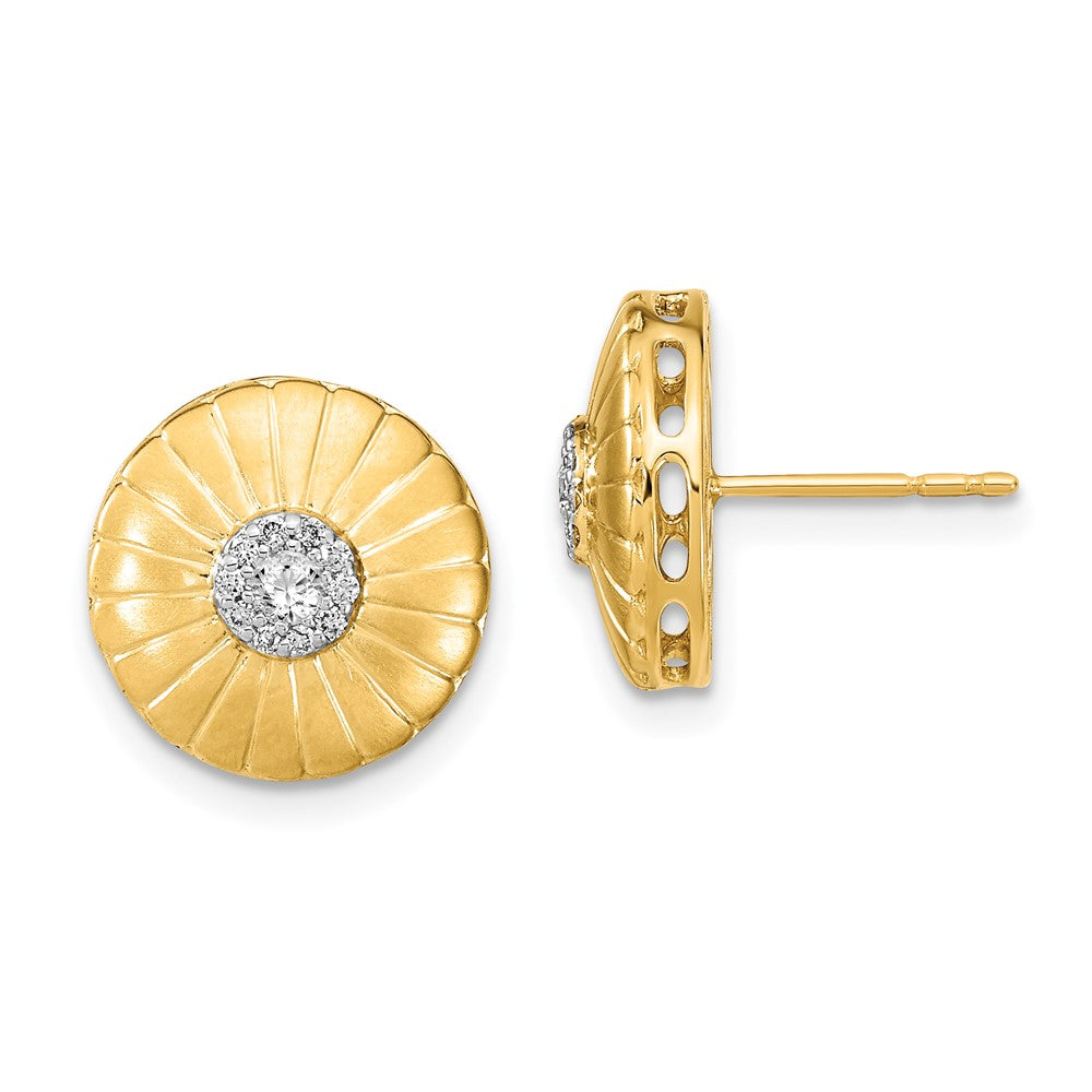 Solid 14k Yellow Gold Satin Simulated CZ Flower Post Earrings